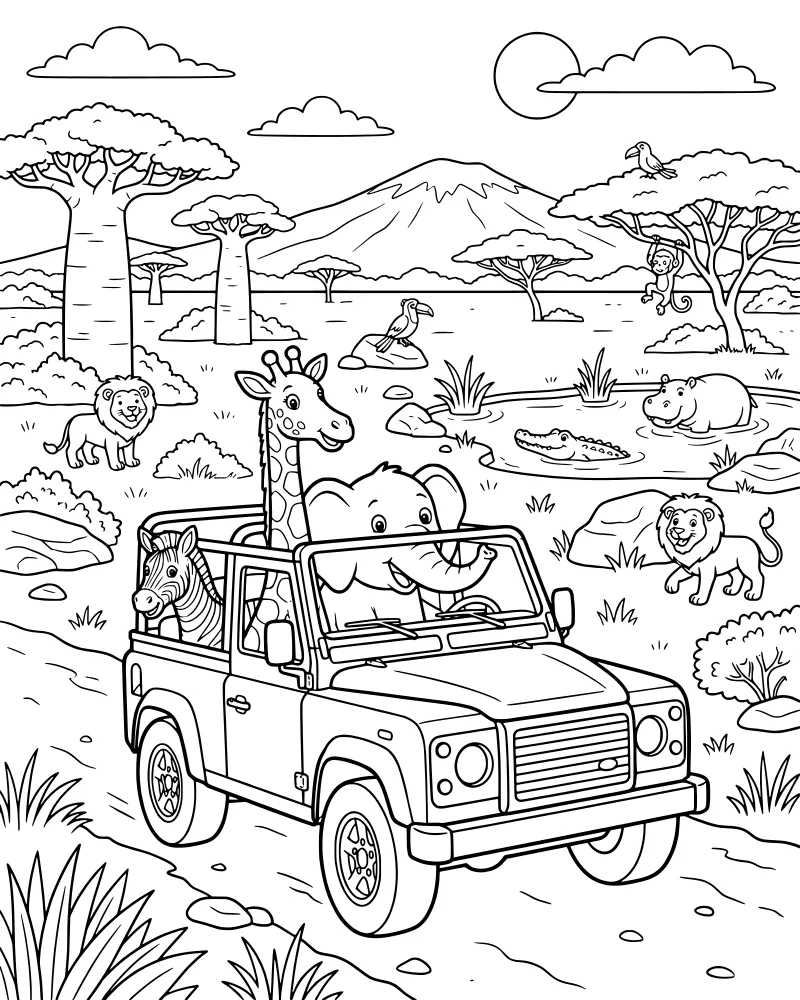 Cartoon safari jeep filled with an elephant, giraffe, lion, and zebra driving through a savanna with mountains and baobab trees.