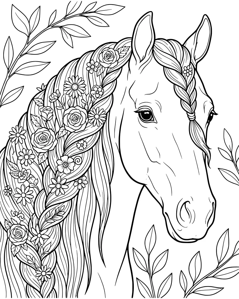 A detailed line art portrait of a horse with a braided mane decorated with flowers and surrounded by leaves and branches.