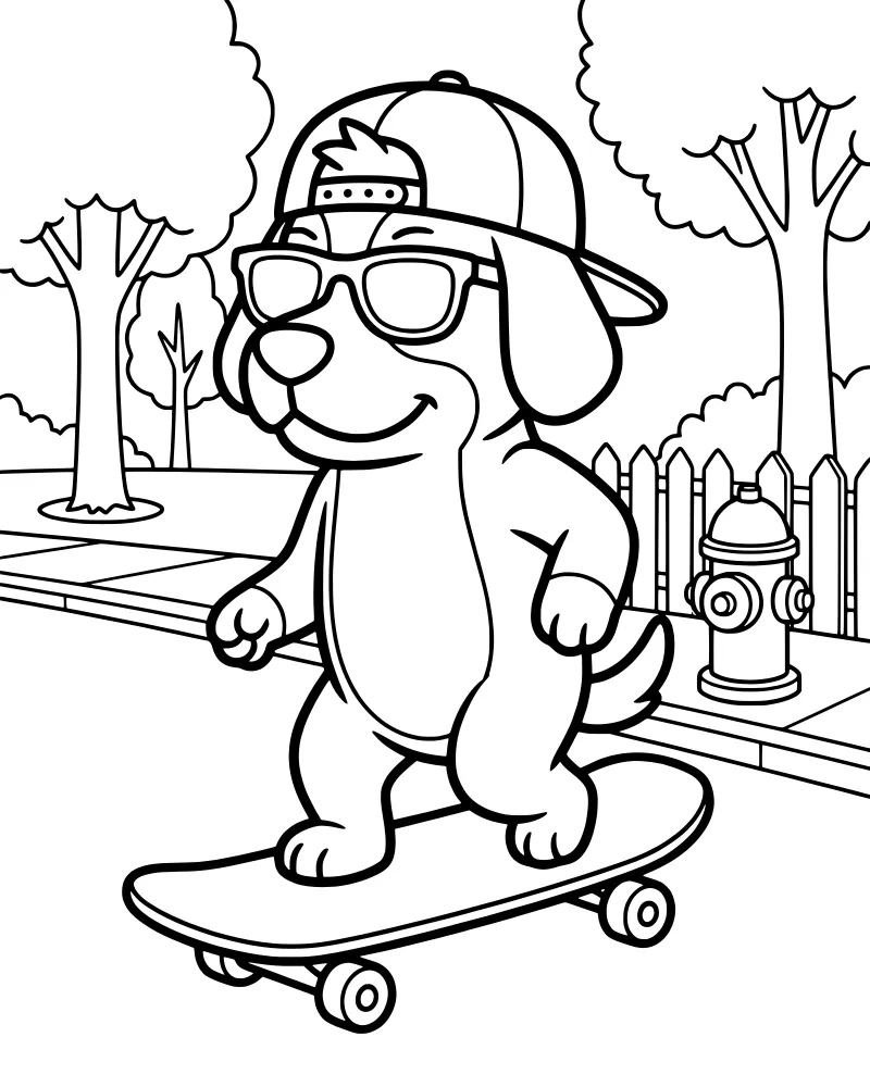 A cartoon dog wearing a baseball cap and sunglasses riding a skateboard on a sidewalk past a fire hydrant and trees.