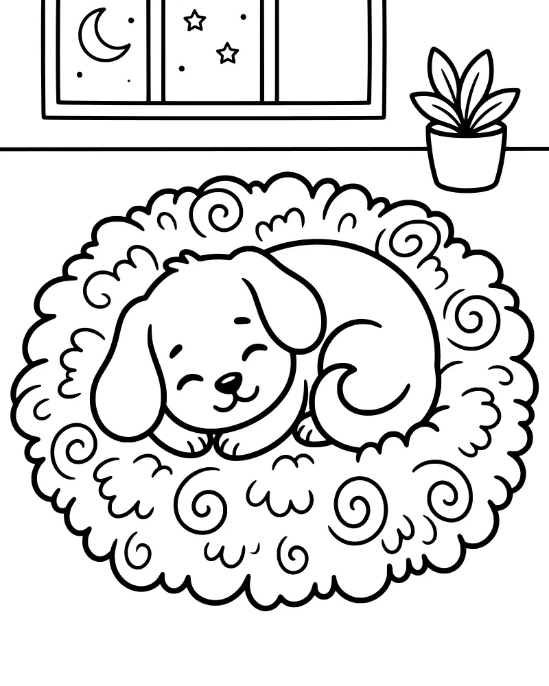 A cartoon puppy sleeping peacefully on a round fluffy bed in front of a window showing a crescent moon and stars.