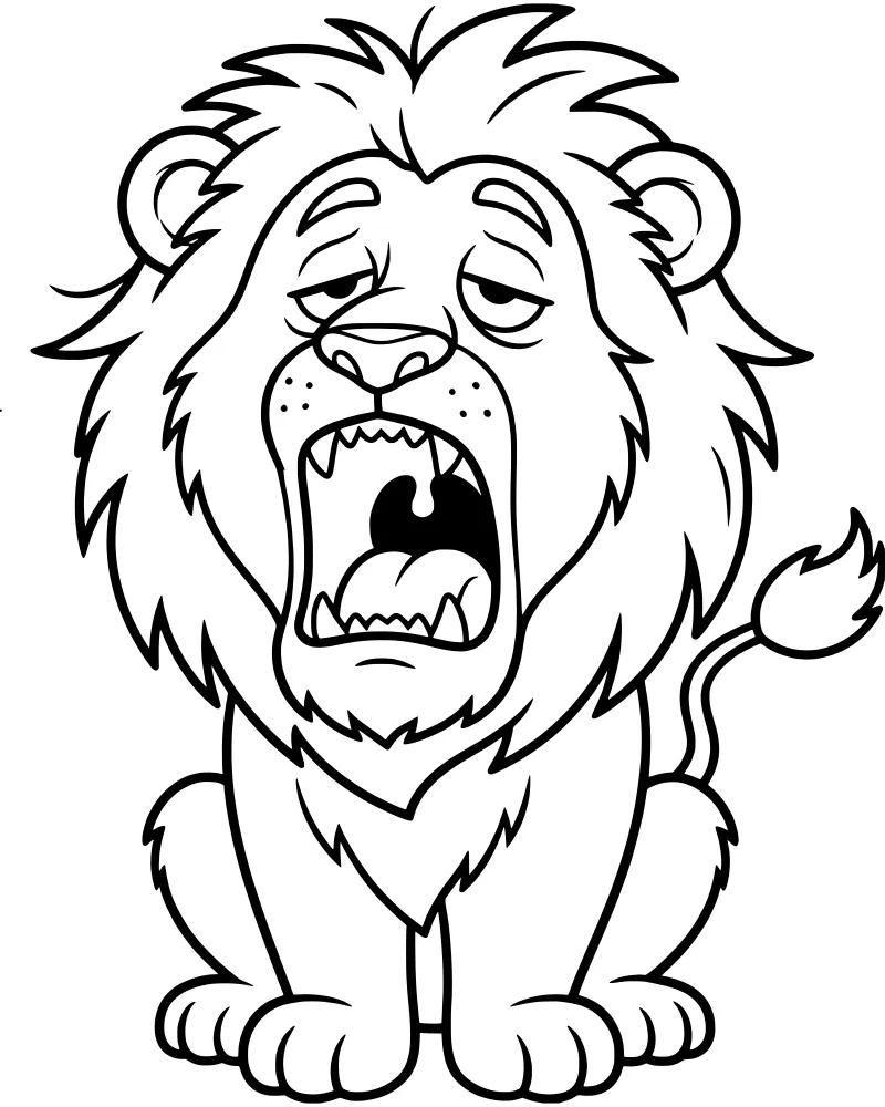A cartoon lion sitting down with its eyes closed and mouth wide open in a big yawn, showing its teeth and tongue.