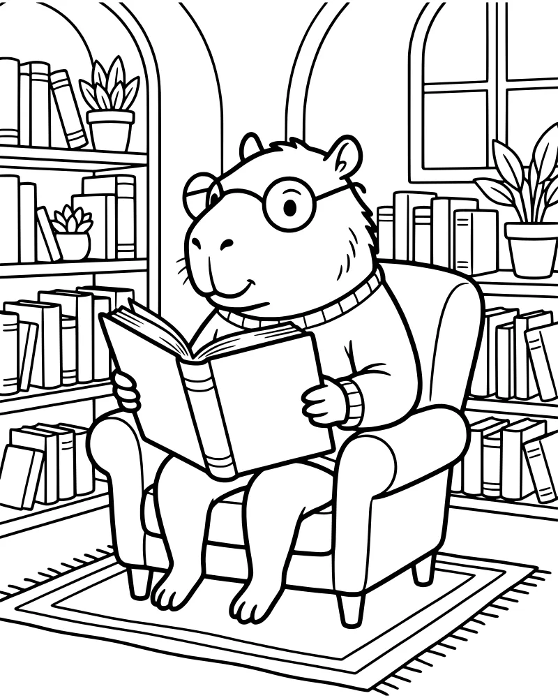 A cartoon capybara wearing glasses and a sweater sits in an armchair reading a book in a library with bookshelves and a window.
