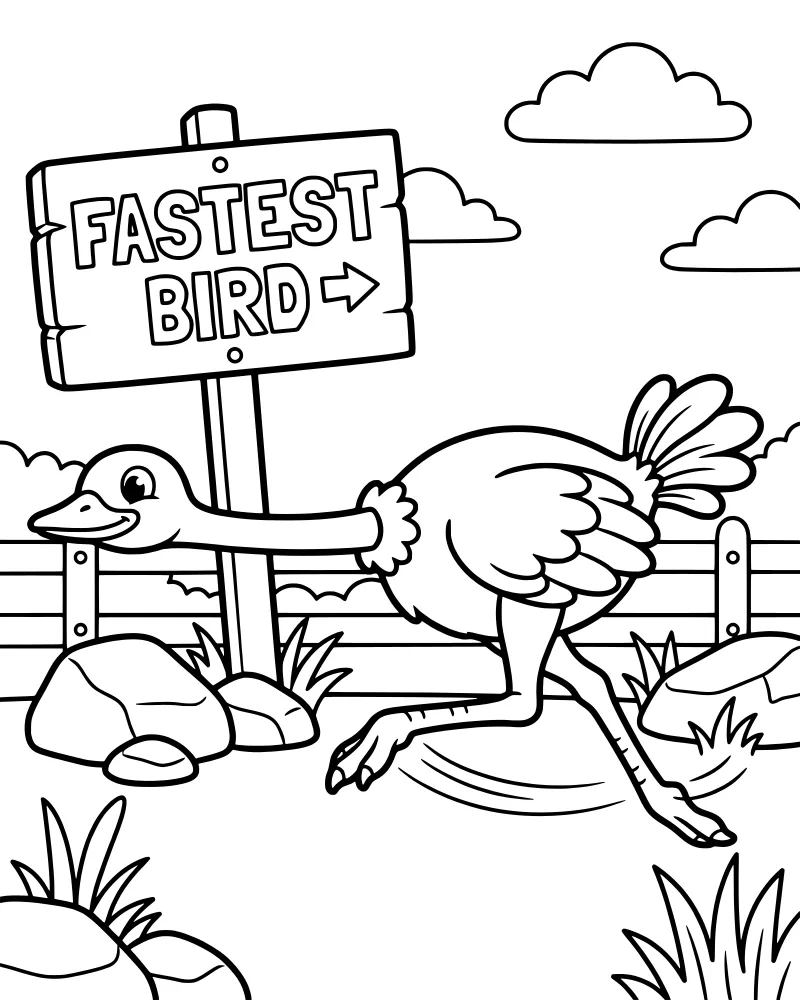 A cartoon ostrich running quickly past a wooden sign that says Fastest Bird with a fence and clouds in the background.