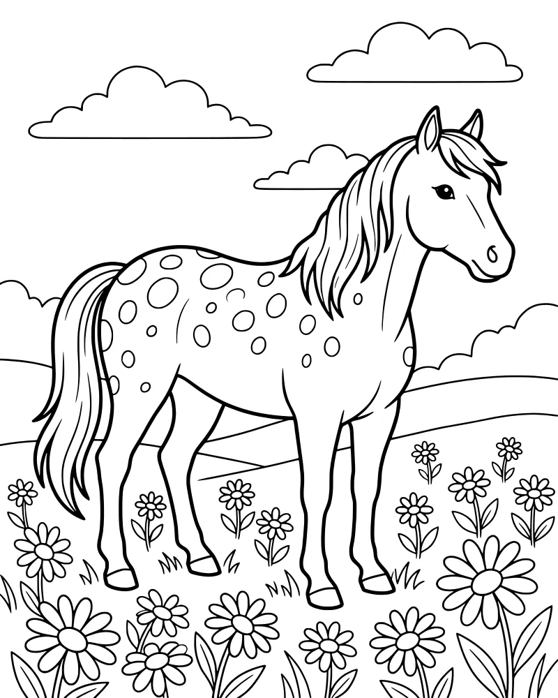 A cartoon spotted horse standing in a field of flowers with rolling hills and clouds in the background.