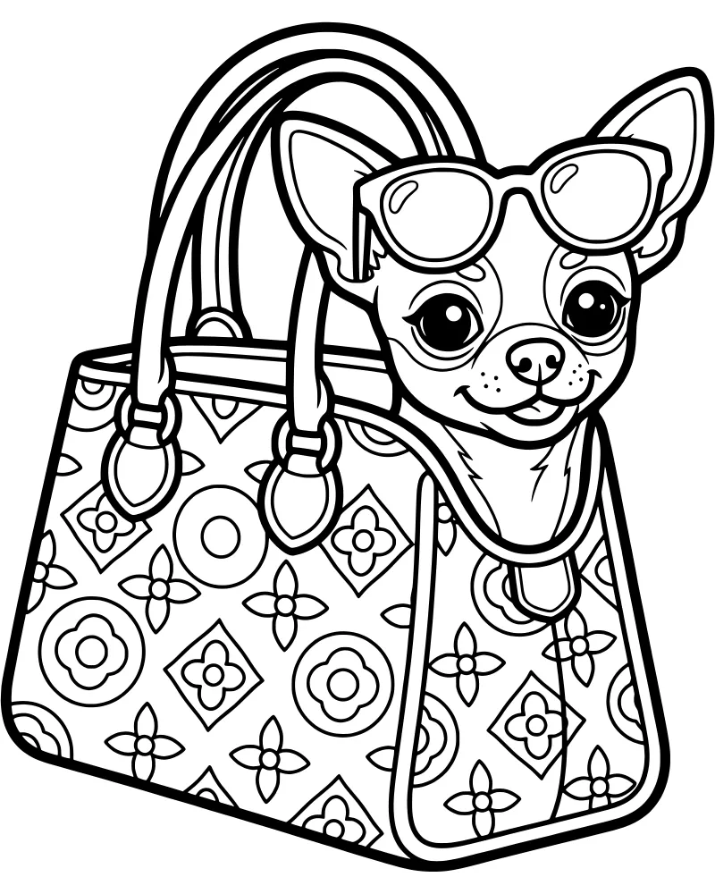 A cartoon chihuahua wearing sunglasses inside a patterned handbag with its tongue sticking out.