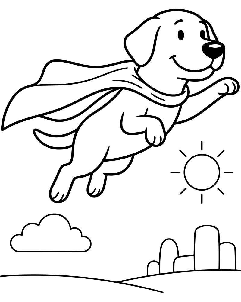 A cartoon dog wearing a cape flies through a sunny sky over rolling hills and city buildings.