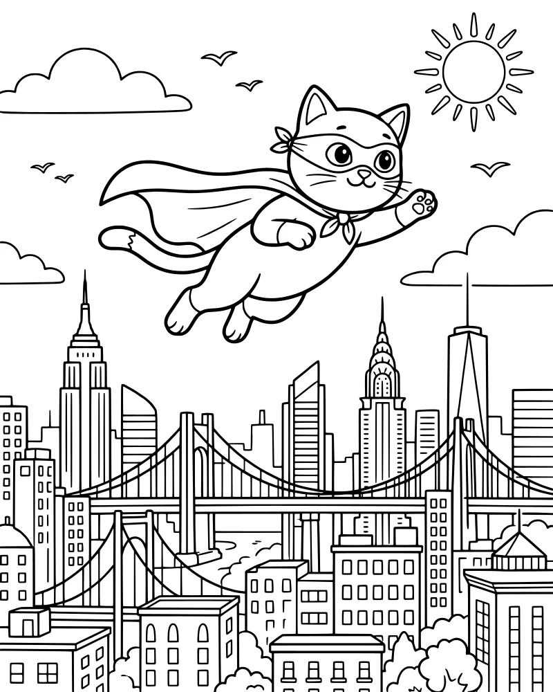 A cartoon superhero cat wearing a mask and cape flies over a city with skyscrapers, a bridge, and a river under a sunny sky.