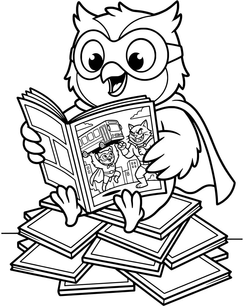 A cartoon owl wearing glasses and a cape sits on a stack of books while reading a comic book about a superhero owl and cat in a city.