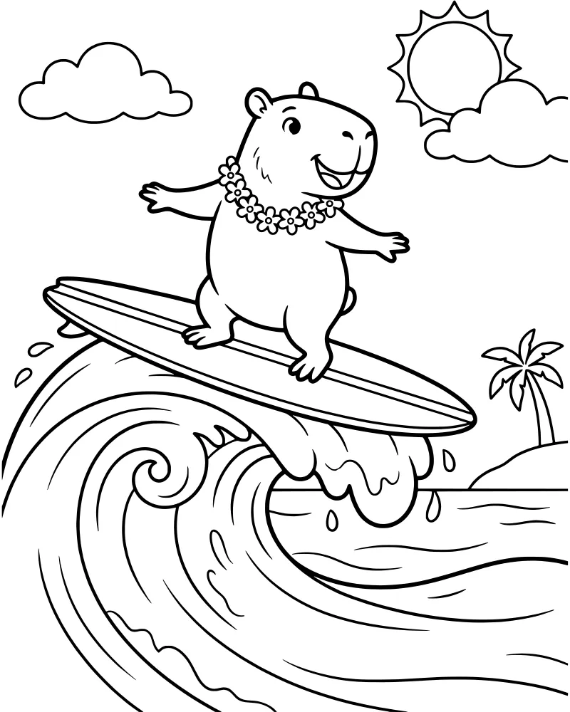 A cartoon capybara wearing a flower lei and surfing on a large ocean wave with a tropical island and palm tree in the background under a sunny sky.