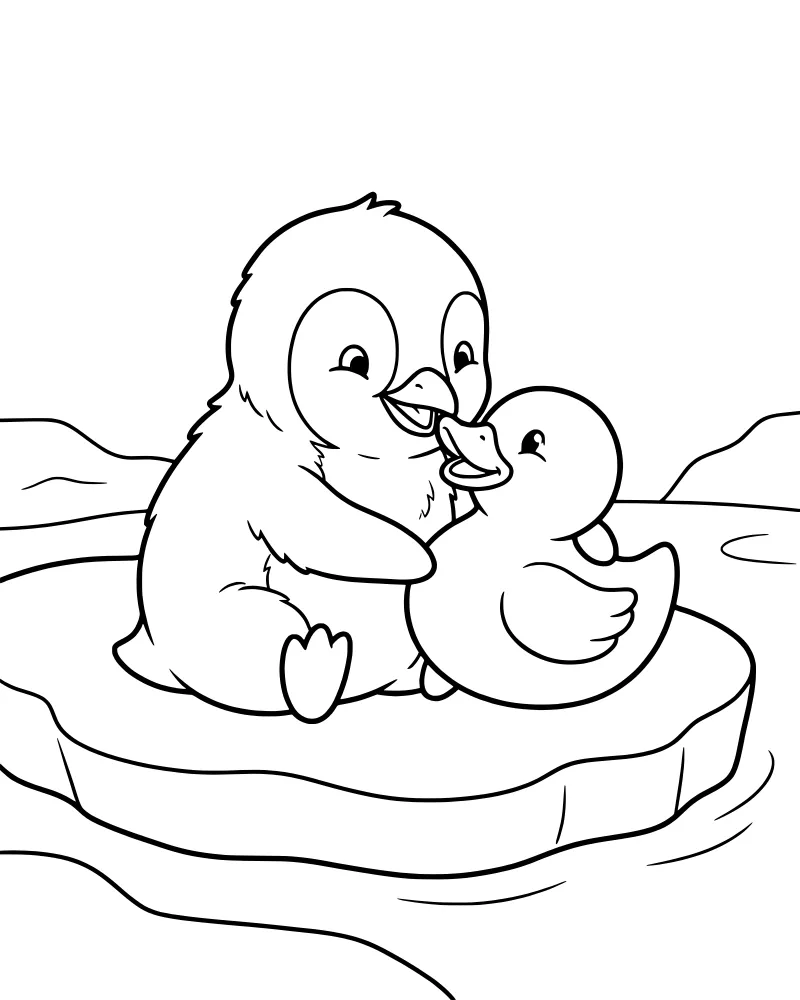 A cartoon baby penguin and a little duckling sitting together on a floating ice floe with icebergs and ocean water in the background.