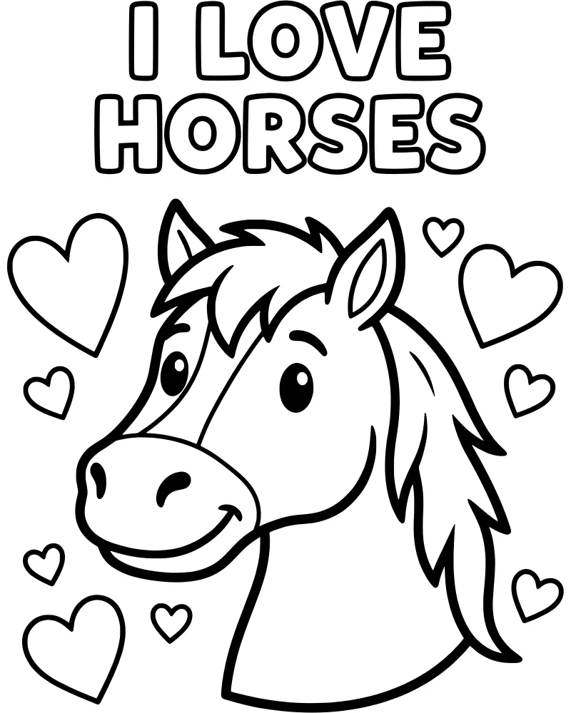 A cartoon horse head smiling, surrounded by floating hearts with the words I LOVE HORSES printed above it.