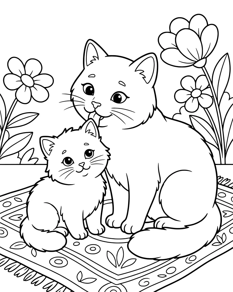 A cartoon adult cat grooming a kitten on a patterned rug with flowers and leaves in the background.