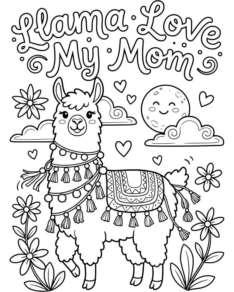 A cartoon llama wearing a tasseled blanket standing in a garden of flowers and hearts under a smiling moon with the text Llama Love My Mom.