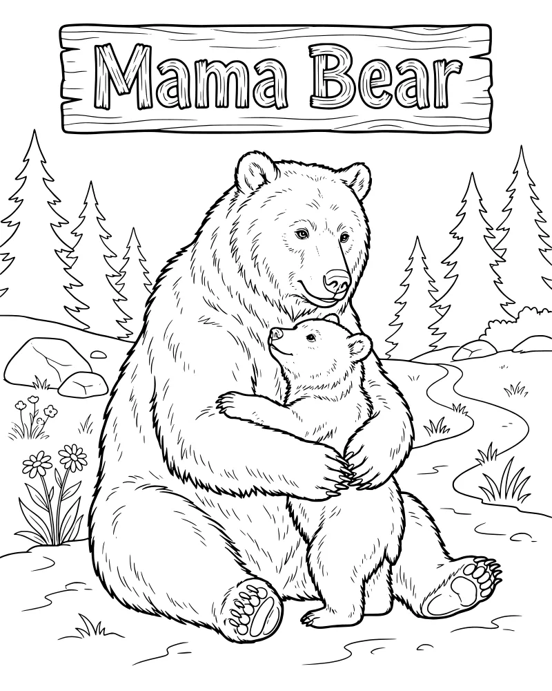 A mama bear and her cub sitting together in a forest clearing with a wooden sign, path, and trees in a cartoon style.