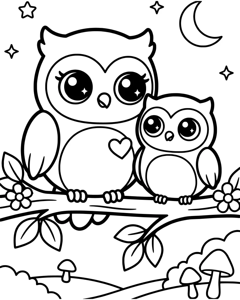 Cartoon adult and baby owl perched on a tree branch with leaves and flowers under a crescent moon and stars.