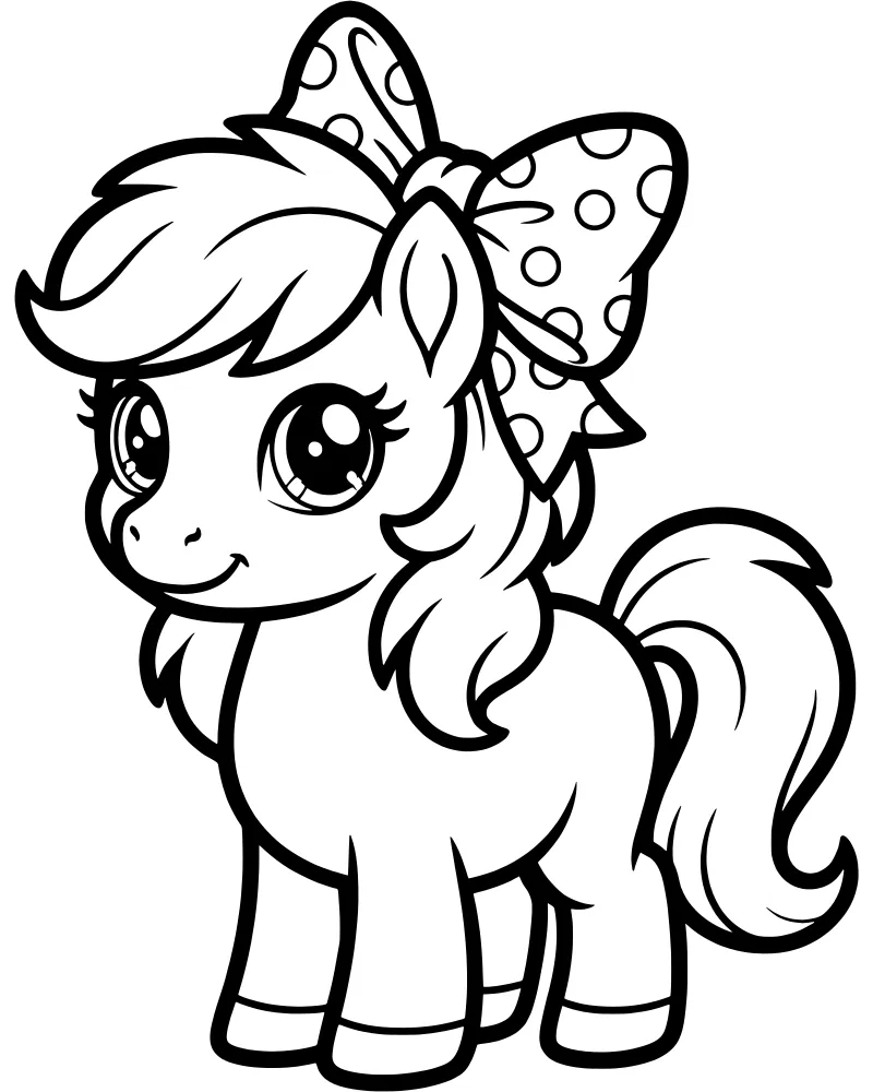 A cartoon pony standing and smiling while wearing a large bow decorated with polka dots on its head.