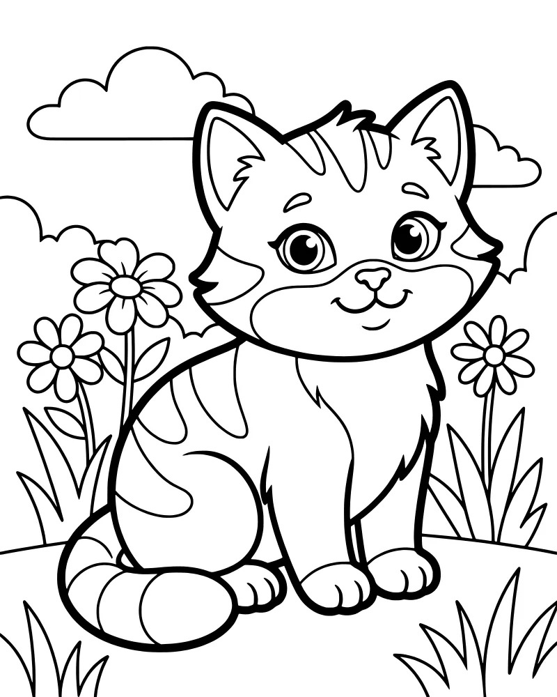 A cartoon tabby cat sitting in a grassy field with several flowers and three fluffy clouds in the background.