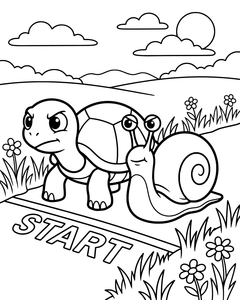 A cartoon turtle and snail lined up at a start line in a grassy field with hills and a sun in the background.