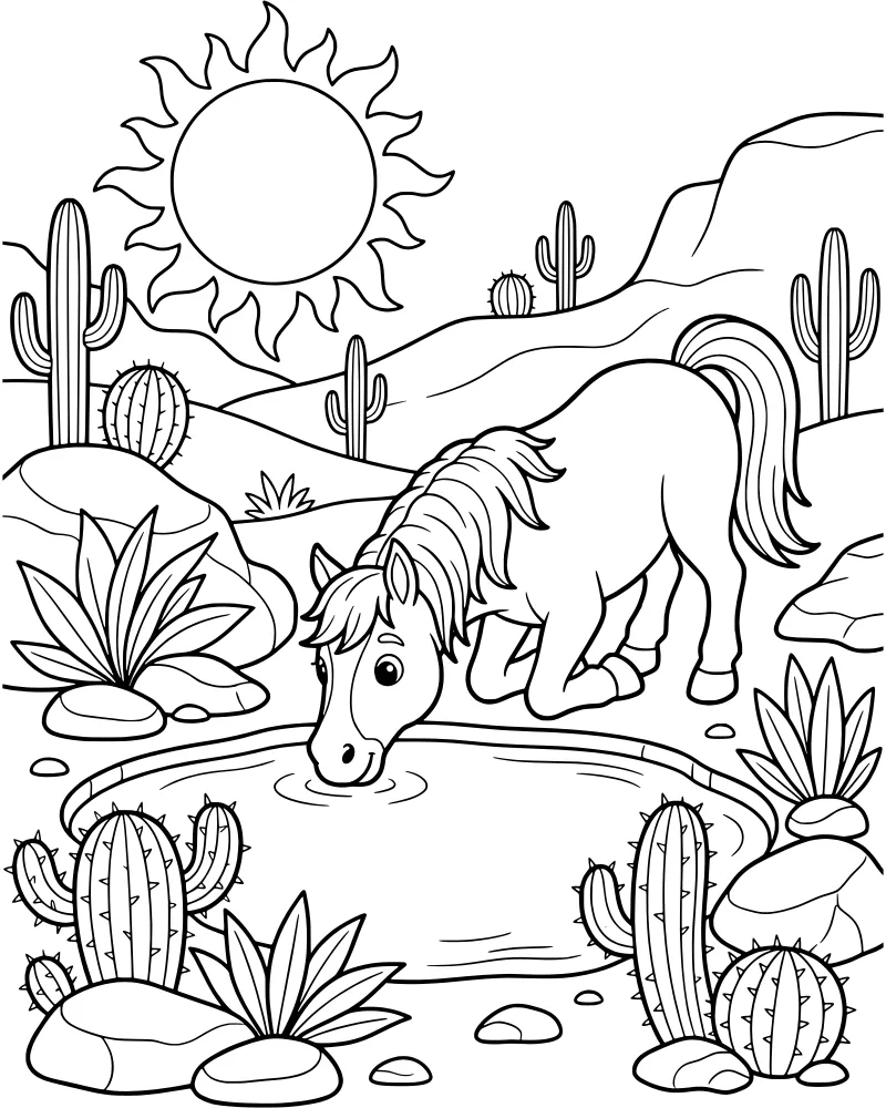 A cartoon horse drinking from a pond in a desert with cacti, rocks, and mountains under a large sun.