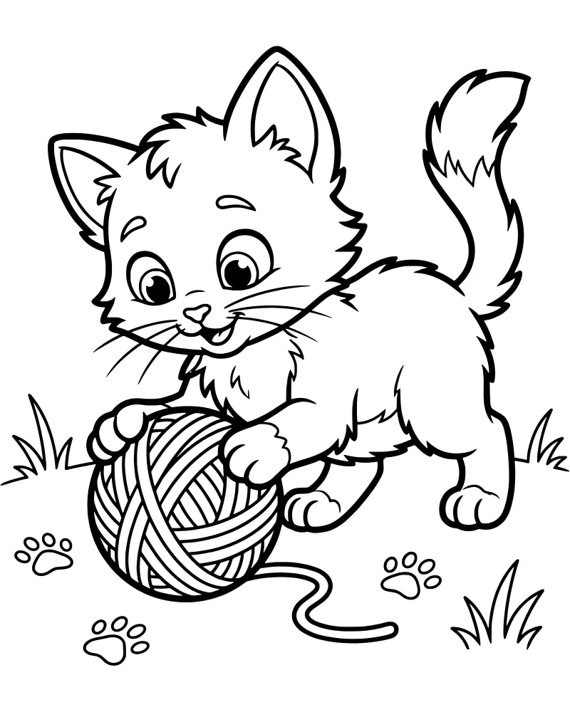 A cartoon kitten standing in the grass next to a large ball of yarn with small paw prints nearby.