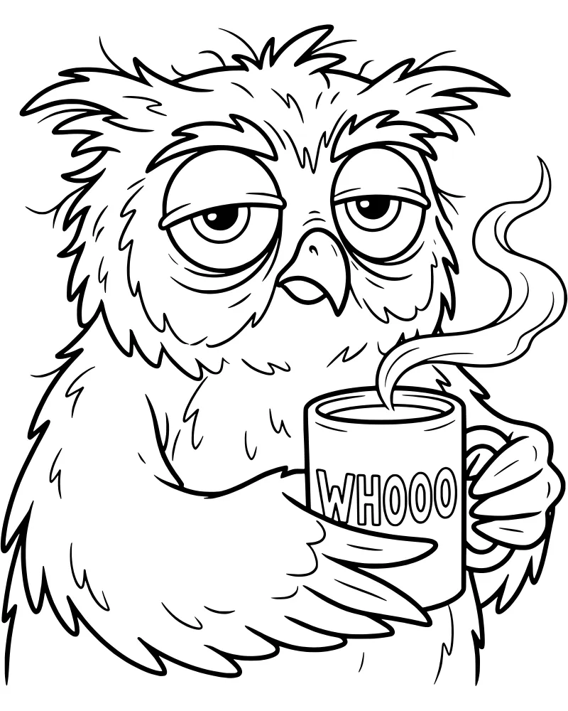 A cartoon owl looking very tired while holding a steaming mug that says WHOOO on it.