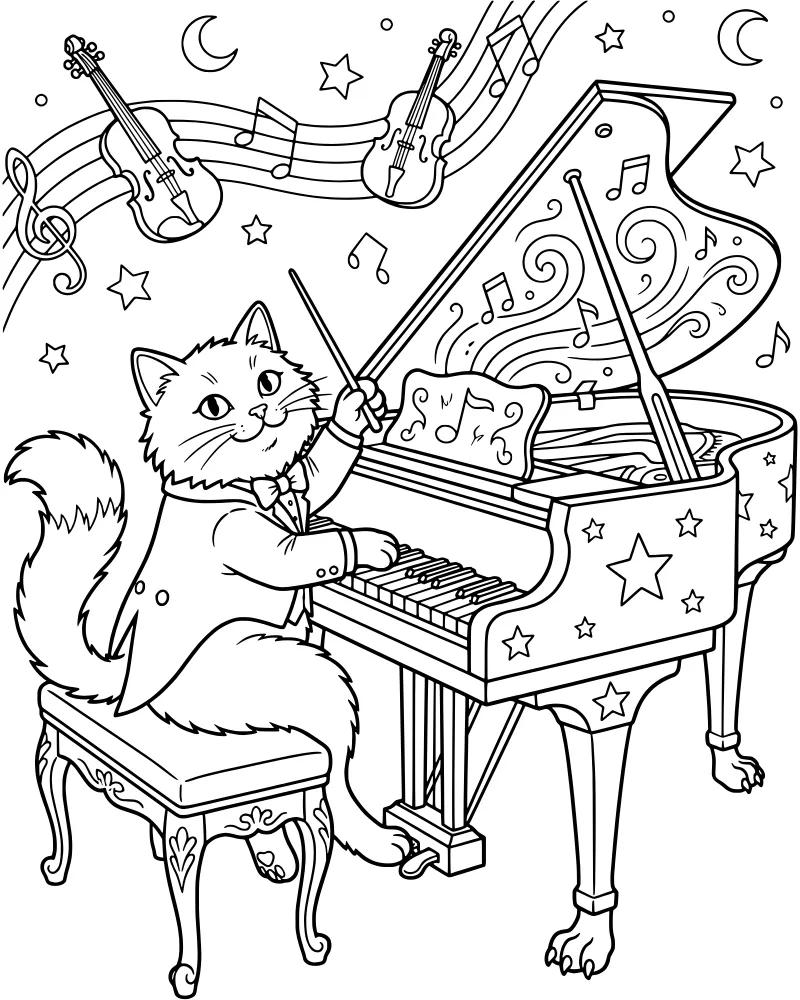 A cartoon tuxedo cat playing a grand piano with floating violins, musical notes, stars, and a crescent moon in a whimsical night scene.