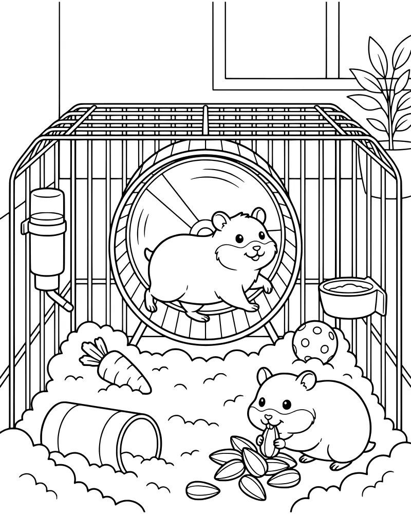 A cartoon illustration of two hamsters in a cage with a running wheel, tunnel, carrot, and water bottle near a window.