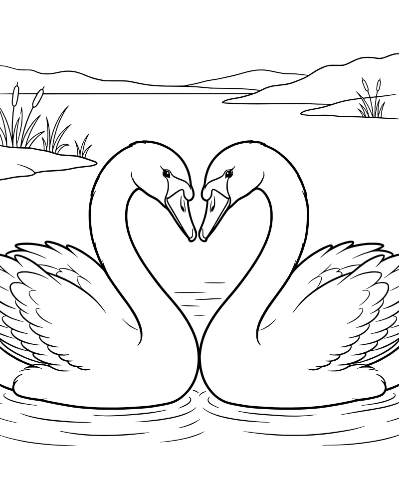 Two cartoon swans on a lake with their necks curved into a heart shape, surrounded by reeds and hills.