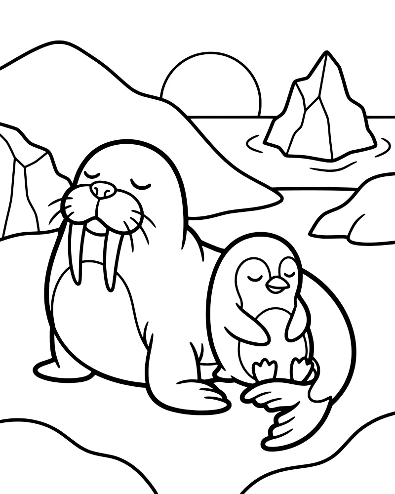 A cartoon walrus and a small penguin cuddling on an ice floe with mountains, icebergs, and a large sun in the background.