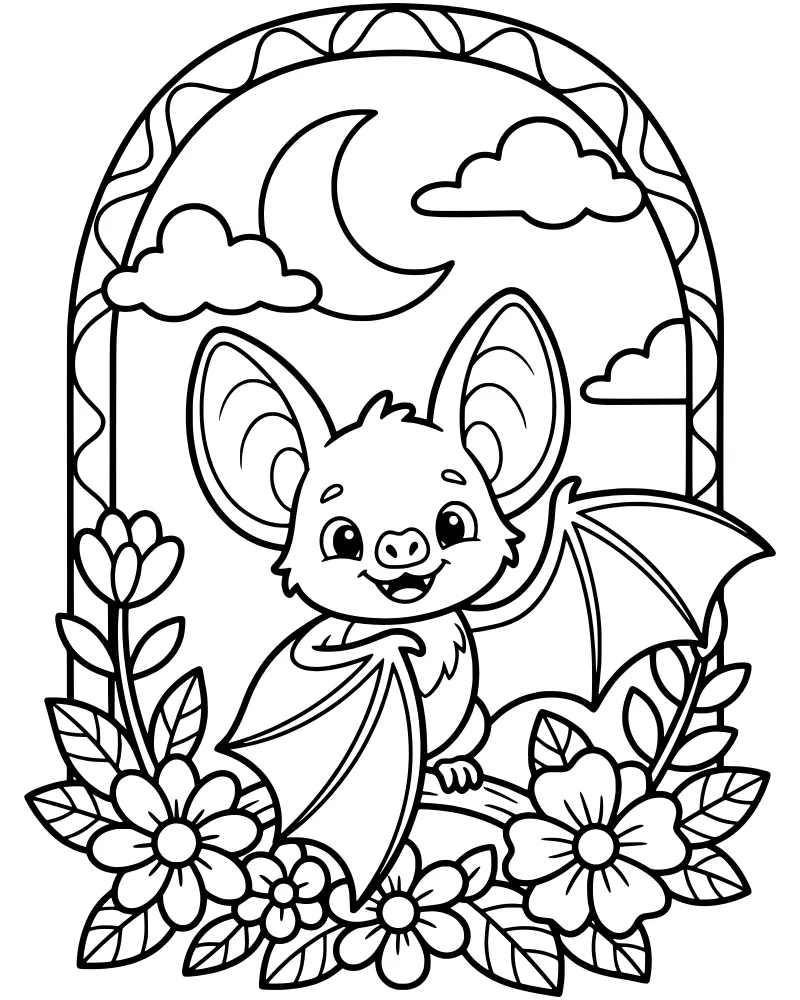 A smiling cartoon bat hangs from a branch surrounded by flowers and leaves under a crescent moon and clouds within an arched frame.