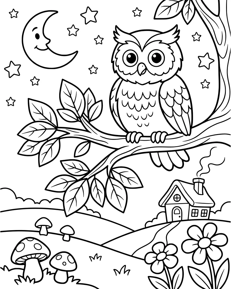 A cartoon owl perched on a tree branch at night with a smiling moon, stars, and a house on a hill.