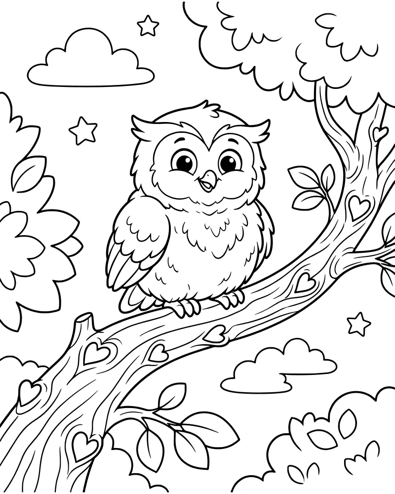 A cartoon owl perched on a tree branch with carved hearts, surrounded by stars and clouds in a night sky.