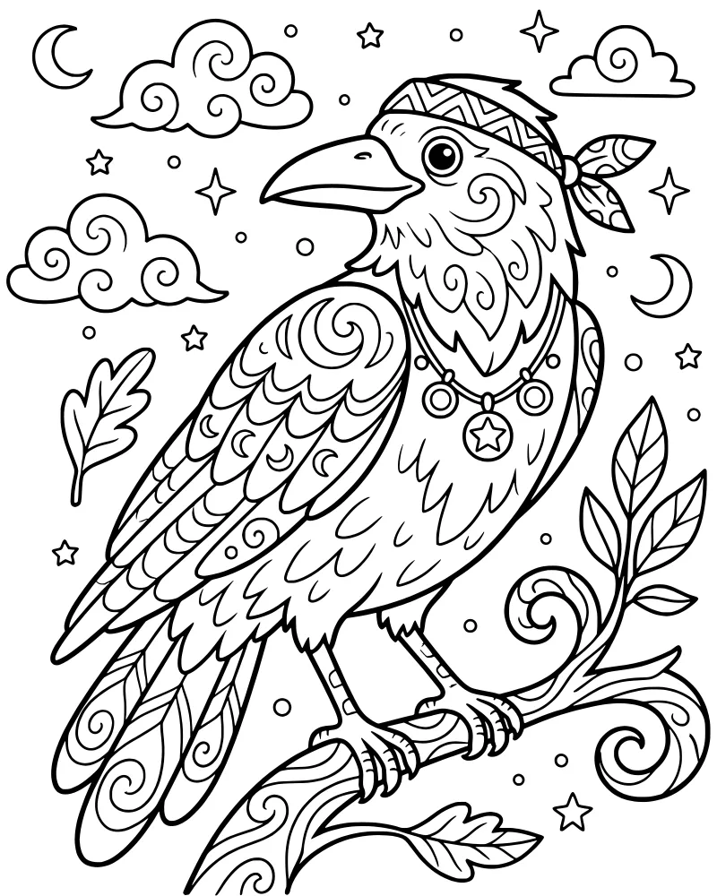 A stylized raven with a bandana and star necklace perched on a branch under a crescent moon and starry sky.