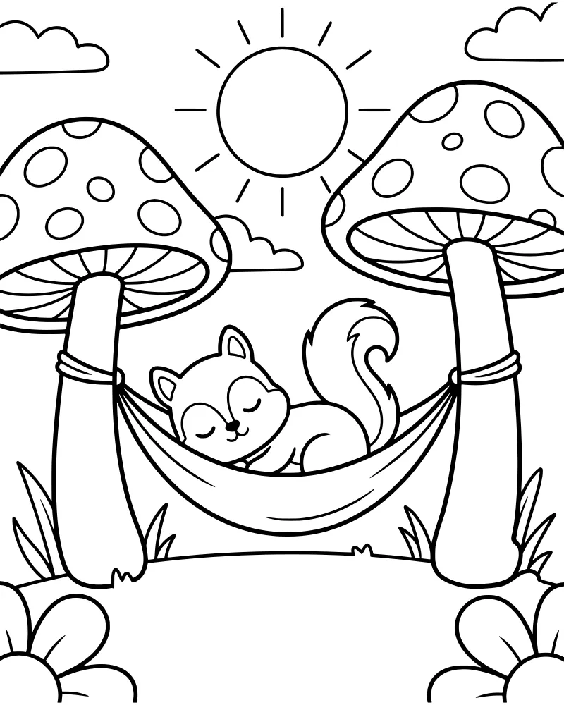 A cartoon squirrel sleeping in a hammock tied to two spotted mushrooms under a bright sun and clouds.
