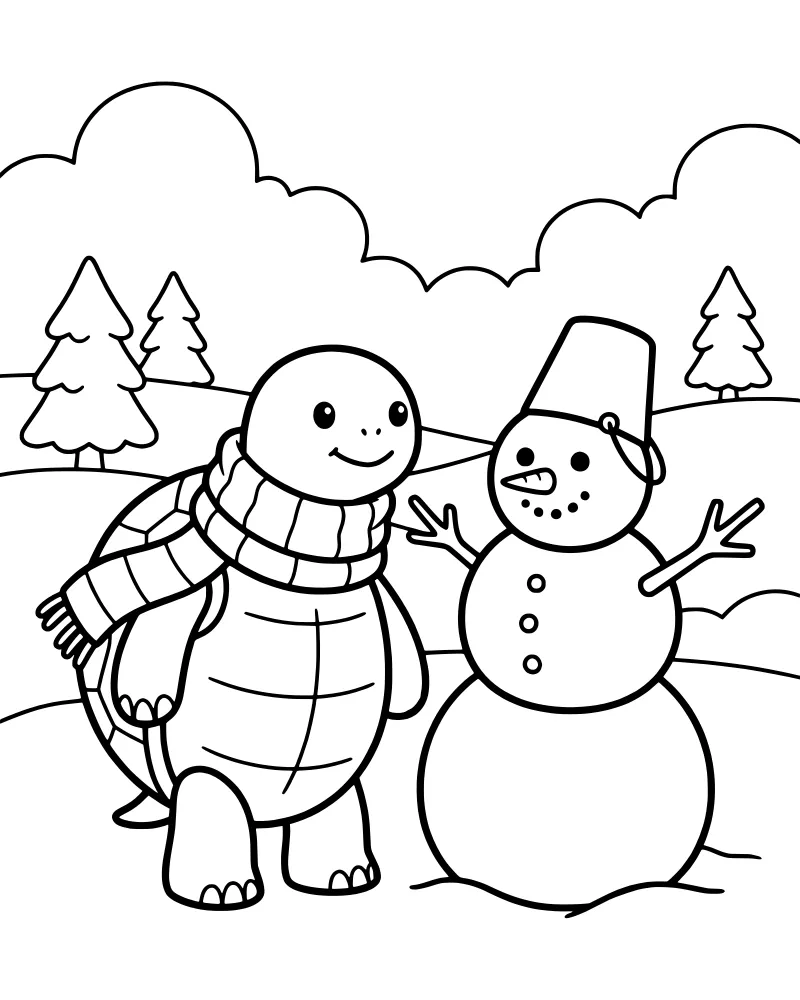 A cartoon turtle wearing a scarf standing next to a snowman with a bucket hat and carrot nose in a snowy forest.