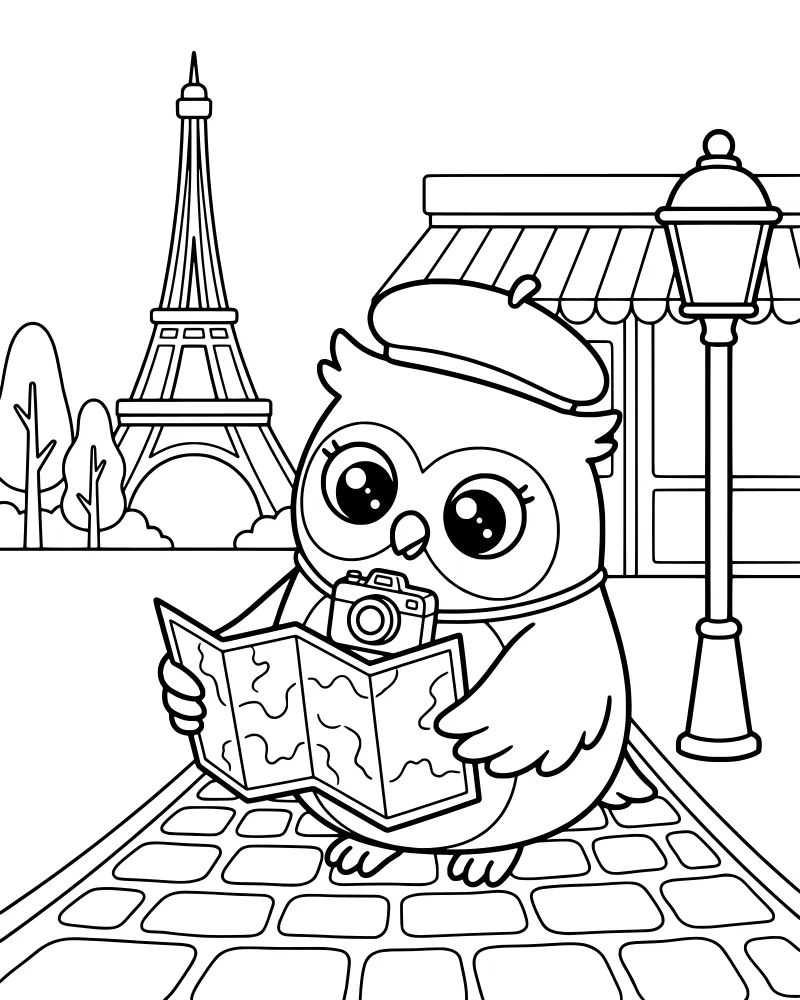 A cartoon owl wearing a beret and camera sits on a cobblestone street holding a map with the Eiffel Tower and a cafe in the background.
