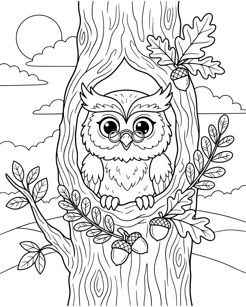 A cartoon owl wearing glasses sits inside a tree hollow with oak leaves and acorns on branches under a sunny sky with hills.