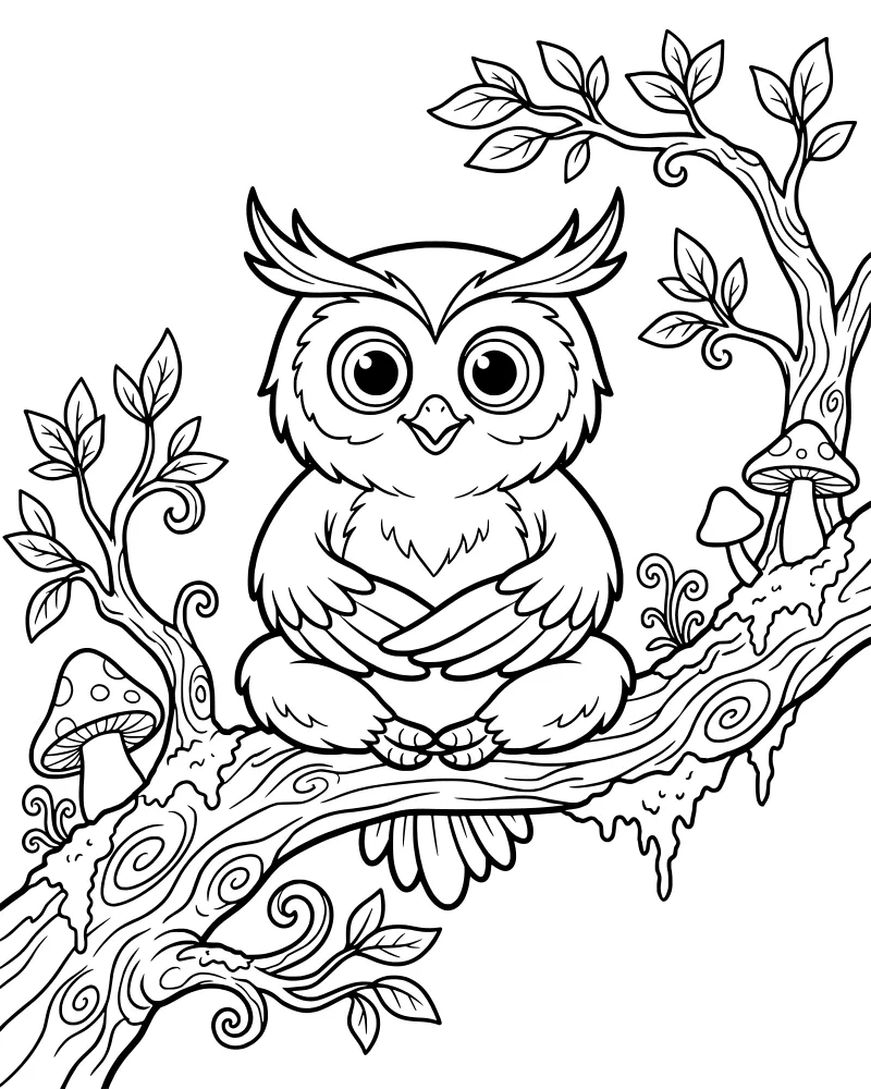 A cartoon owl with large eyes perched on a thick tree branch with leaves and mushrooms in a whimsical forest.