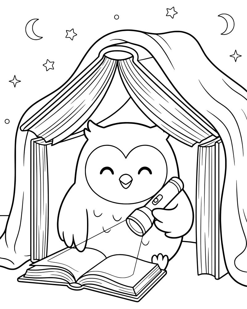 A cartoon owl sits under a canopy of books, reading an open book with a flashlight under a crescent moon and stars.