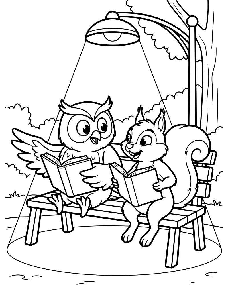 A cartoon owl and squirrel sit on a park bench reading books under a street lamp with trees in the background.