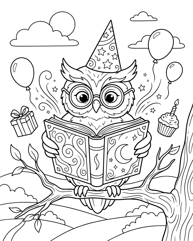 A cartoon owl wearing glasses and a party hat sits on a tree branch reading a book surrounded by balloons, a gift, and a cupcake.