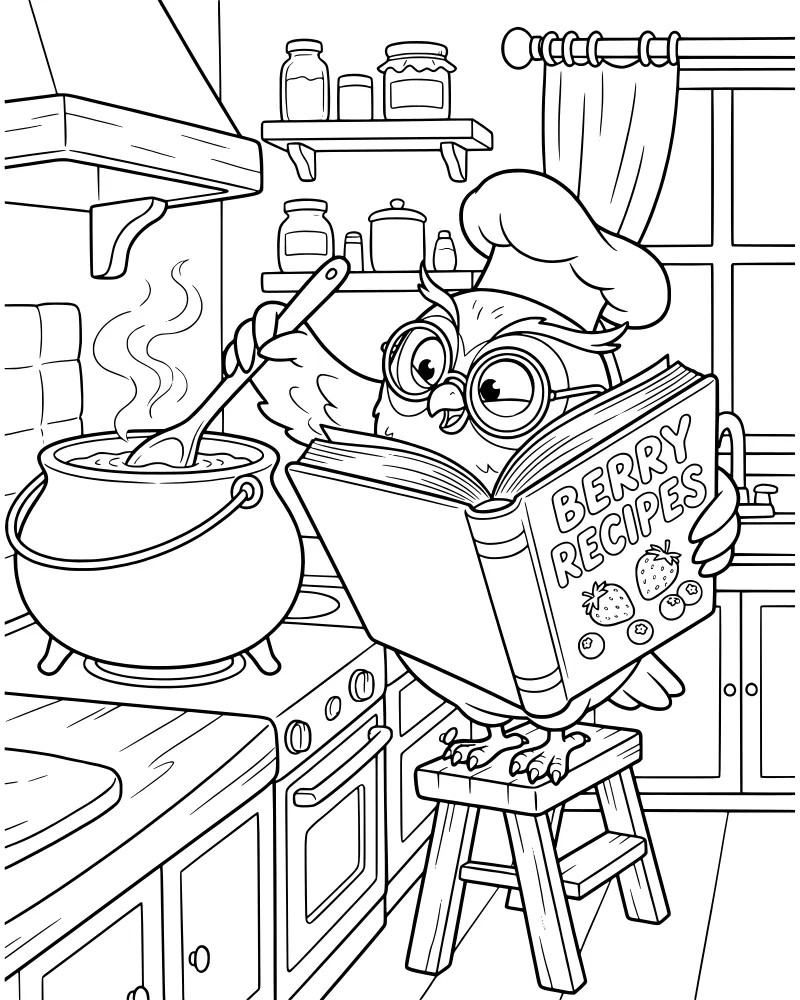 A cartoon owl chef wearing a hat and glasses stirring a pot on a stove in a detailed kitchen with cabinets and a window.