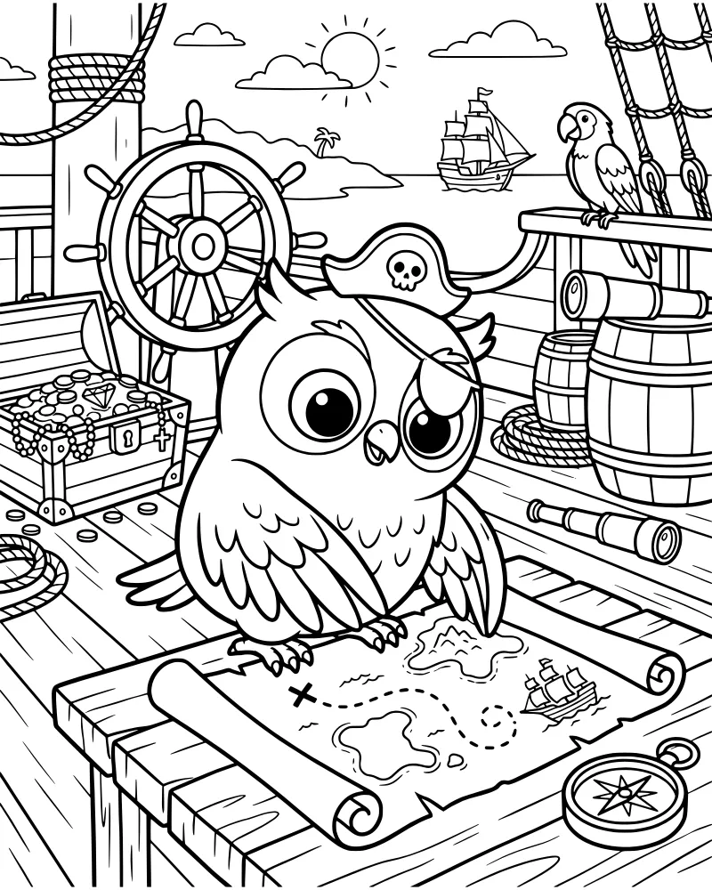 A cartoon pirate owl wearing an eye patch and hat stands on a ship deck with a treasure map, chest of coins, and nautical tools.