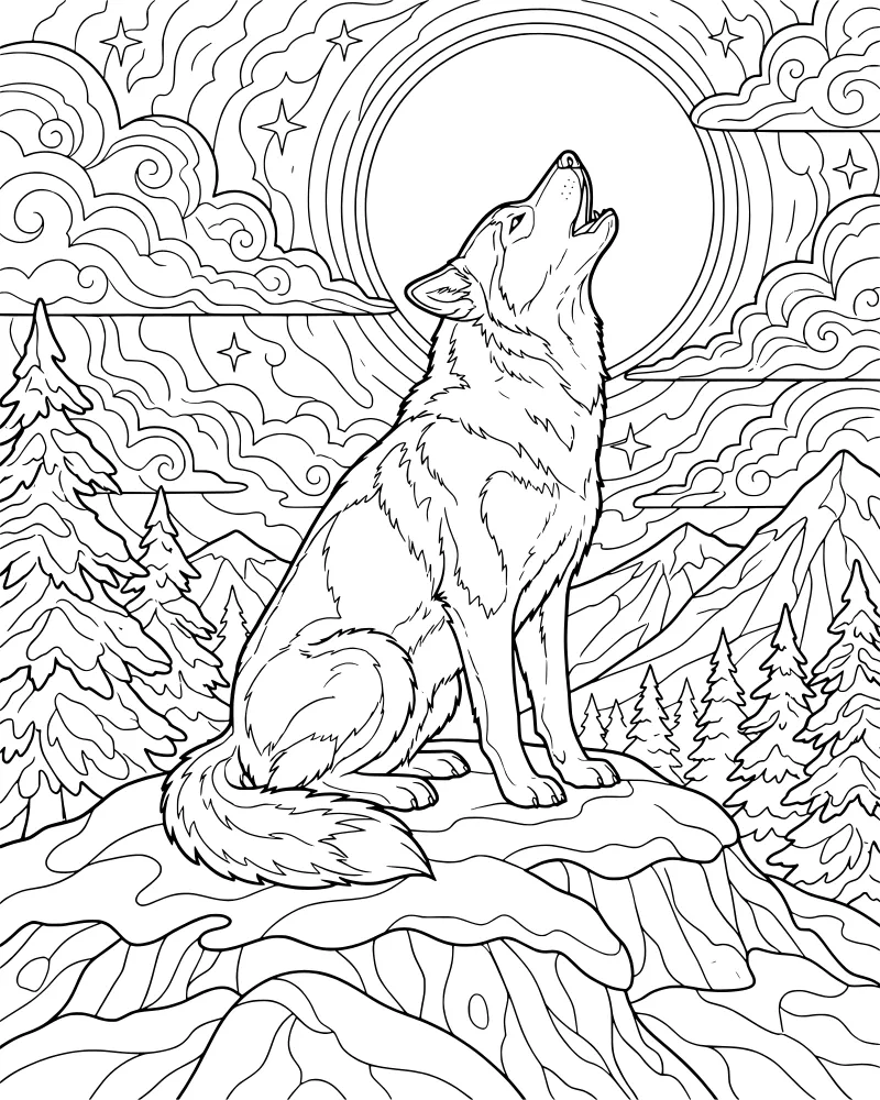 A wolf howling on a rocky cliff under a large full moon with mountains and pine trees in the background.