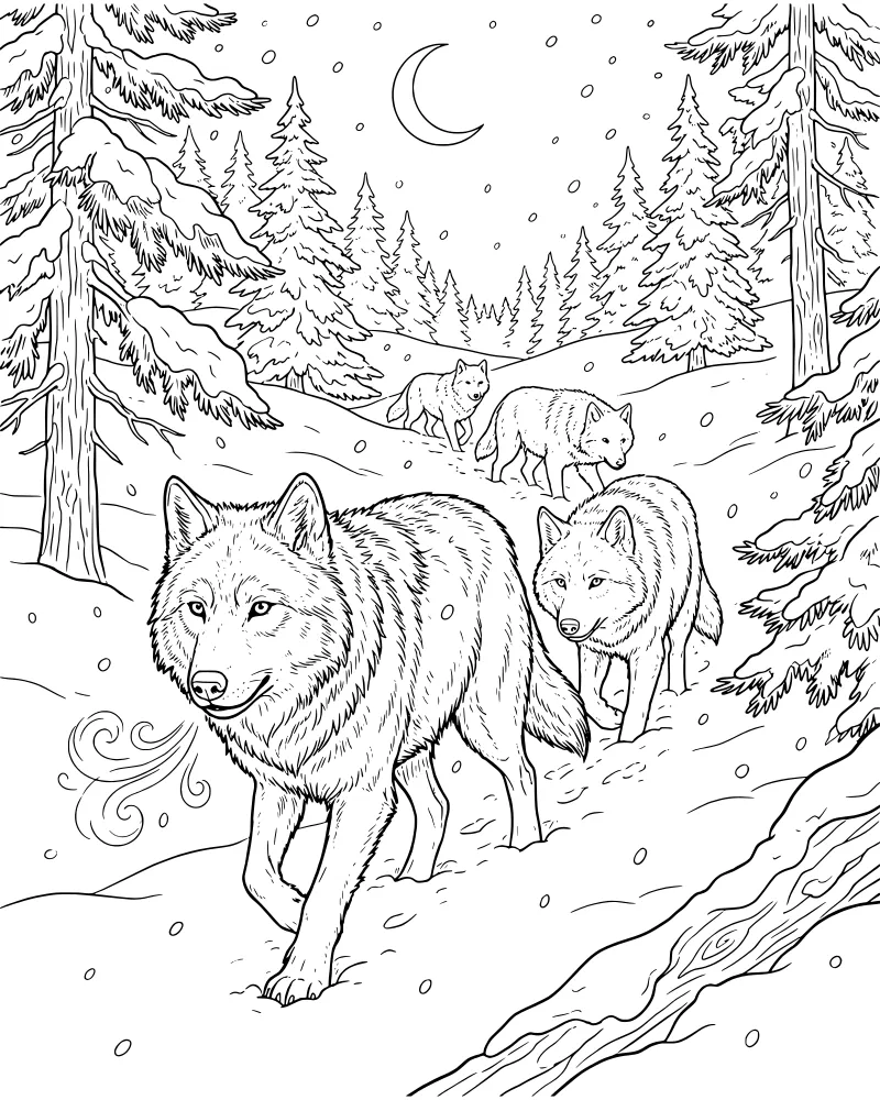 A pack of realistic wolves walking through a snowy pine forest at night with a crescent moon and falling snow.