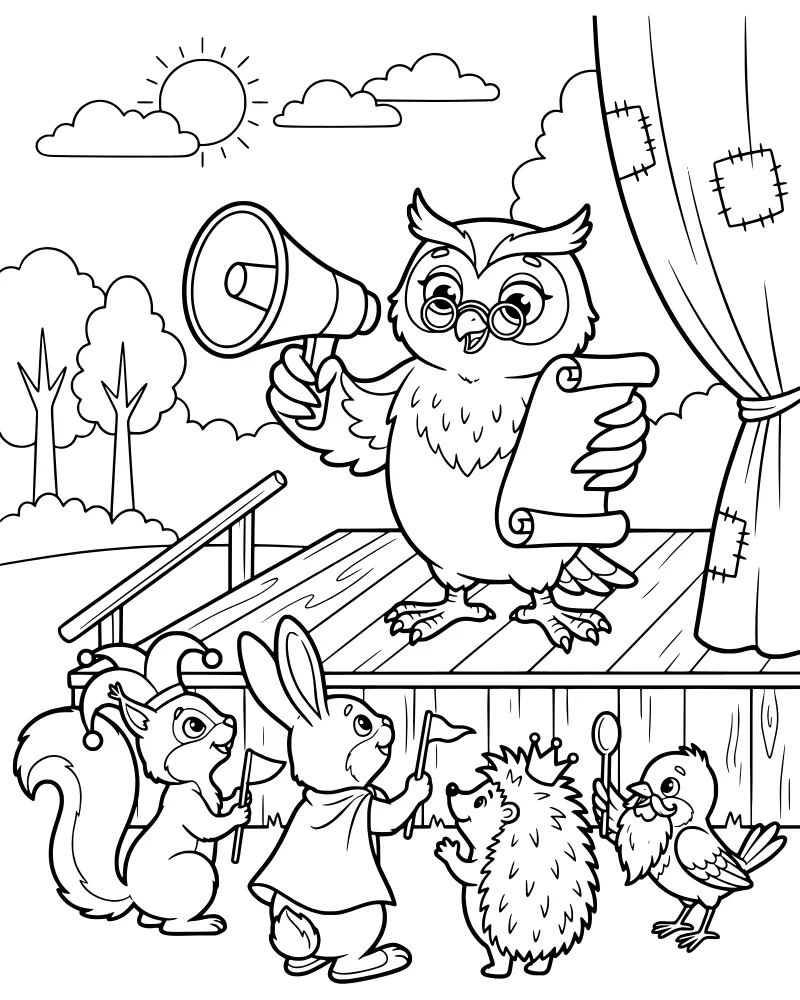 Cartoon owl with a megaphone and scroll on a stage with a squirrel in a jester hat, a rabbit in a cape, and a hedgehog wearing a crown.