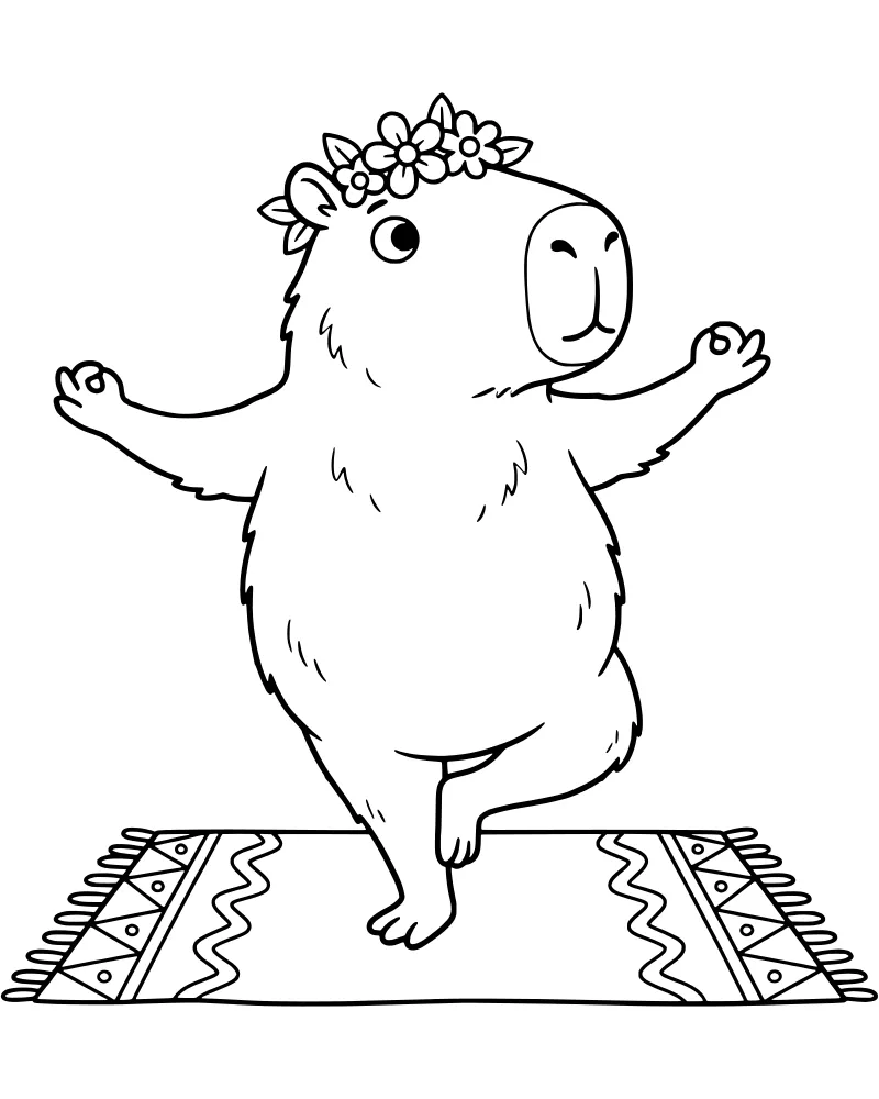 A cartoon capybara wearing a flower crown while performing a yoga pose on a patterned mat with fringes.