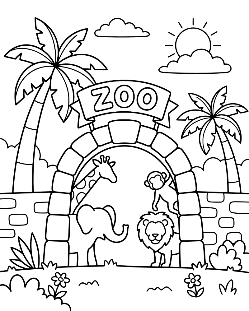 A cartoon elephant, giraffe, lion, and monkey standing in front of a zoo entrance archway with palm trees and a bright sun.