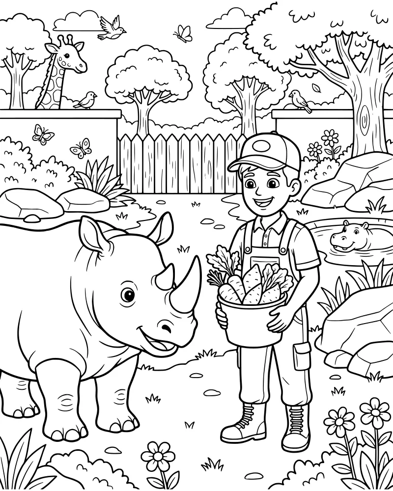 A cartoon zookeeper feeding a rhinoceros with a bucket of carrots, featuring a giraffe and hippo in the background at a zoo enclosure.