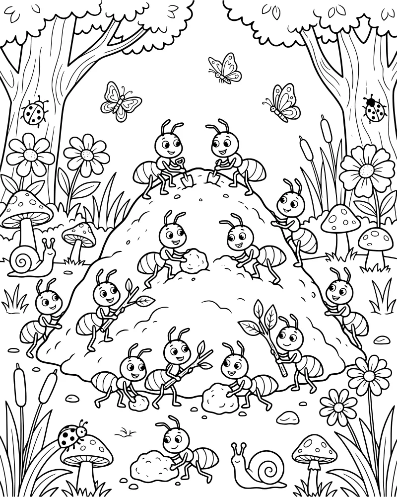 Cartoon ants working on an ant hill surrounded by mushrooms, ladybugs, snails, and butterflies in a grassy forest clearing.